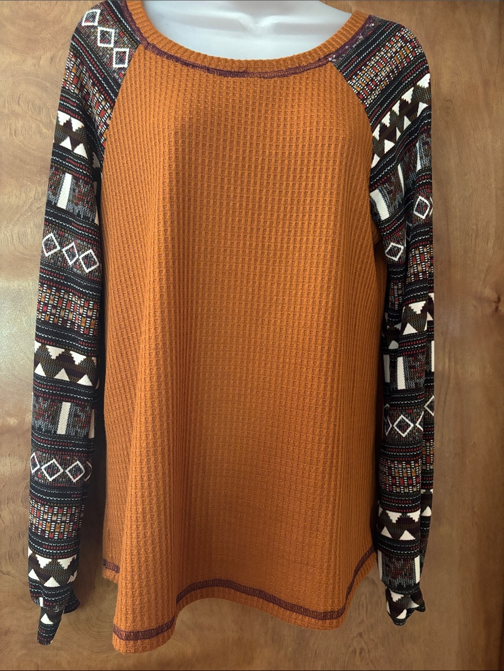 Pulse Waffle Knit Raglan Top in Mustard with Patterned Black Sleeves